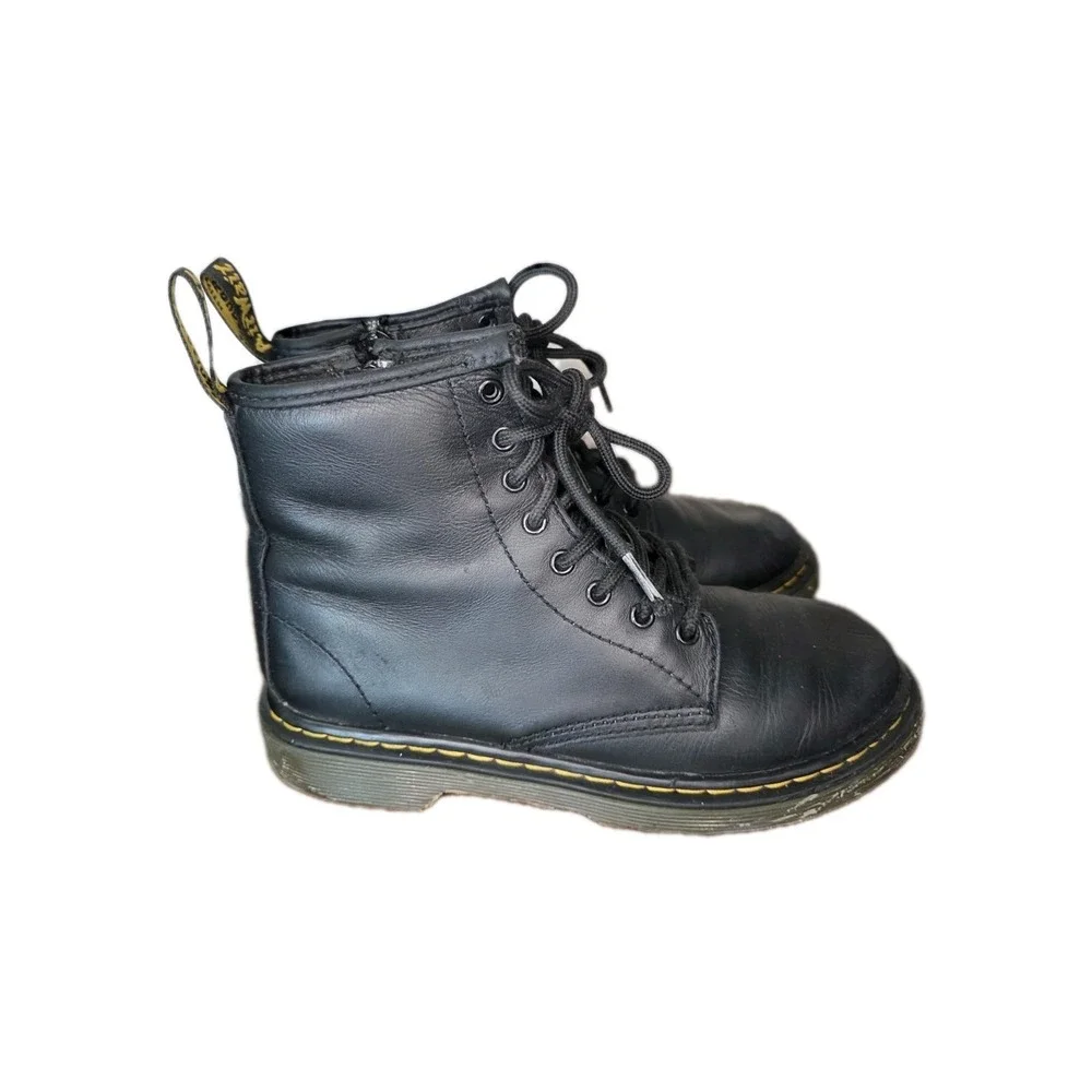 Dr. Martens 1460 J Kids Youth Black Leather Lace Up Boots Side Zip US 2 EU 33